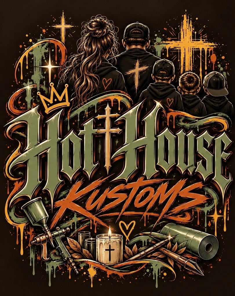 Hott House Kustoms family artwork: mother, father, and three sons